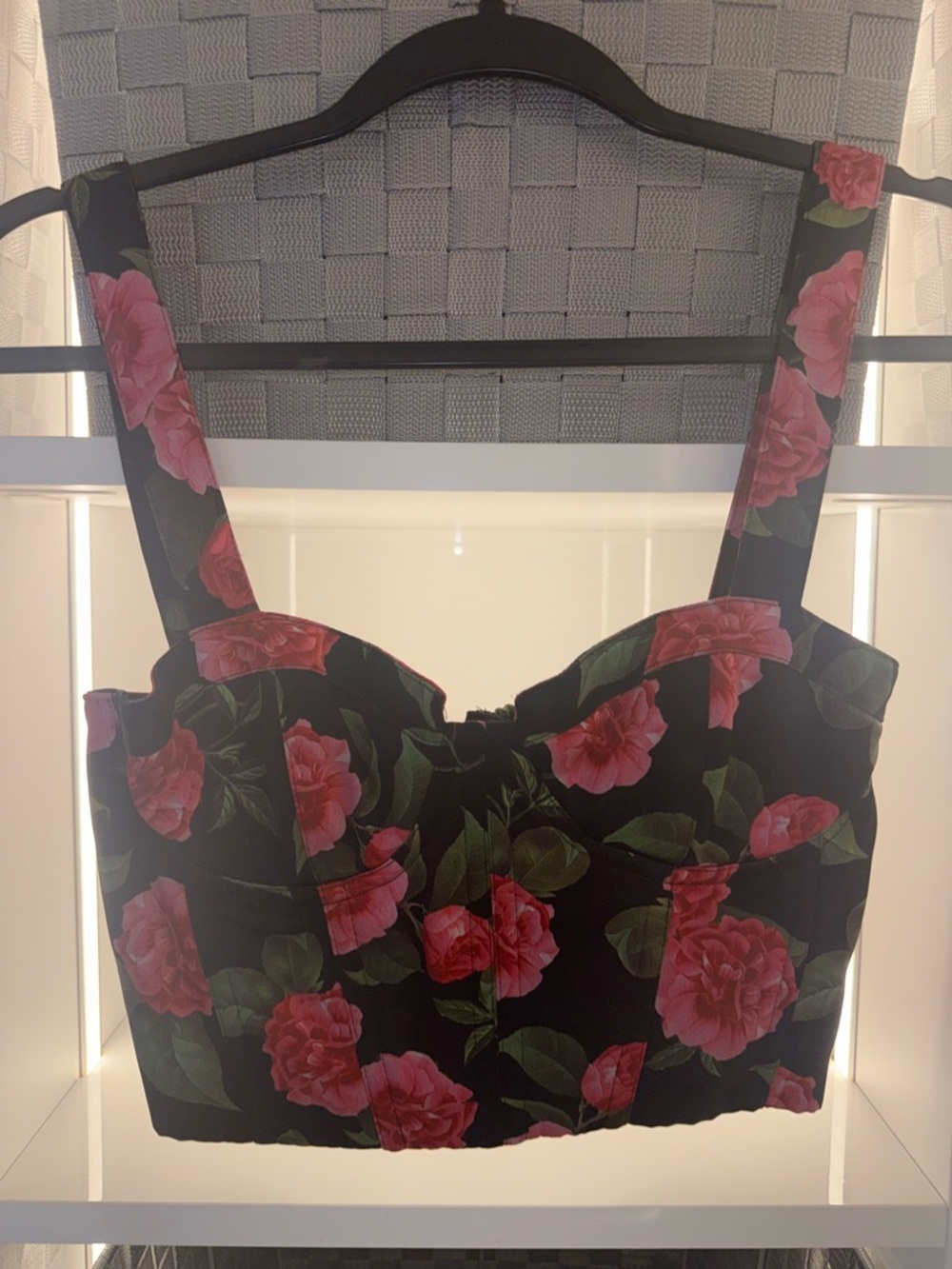 Alice + Olivia Black Crop Top with Pink Floral Print